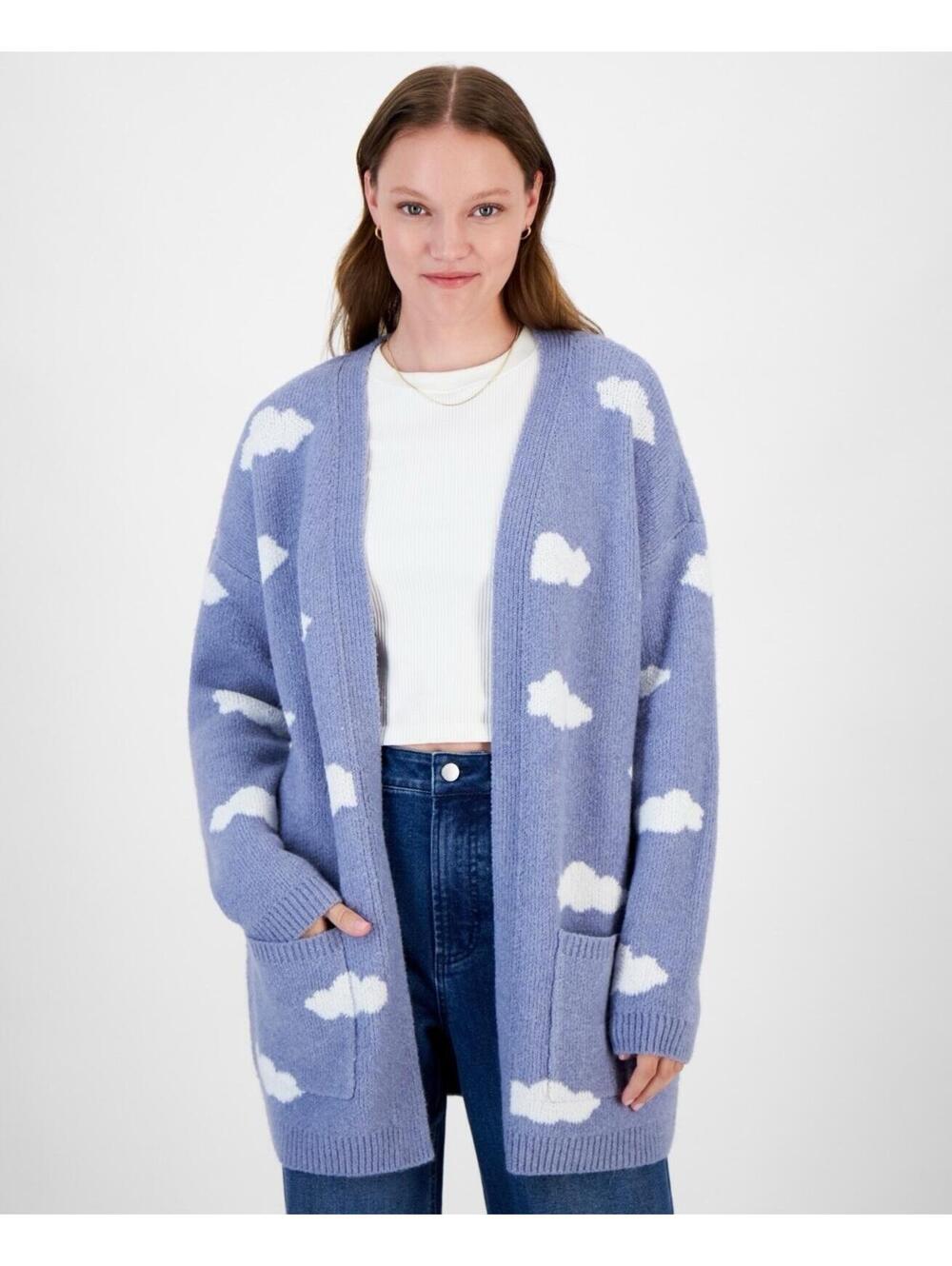 $44 Hippie Rose Womens Cardigan S Blue Cloud-Print Sweater Open-Front